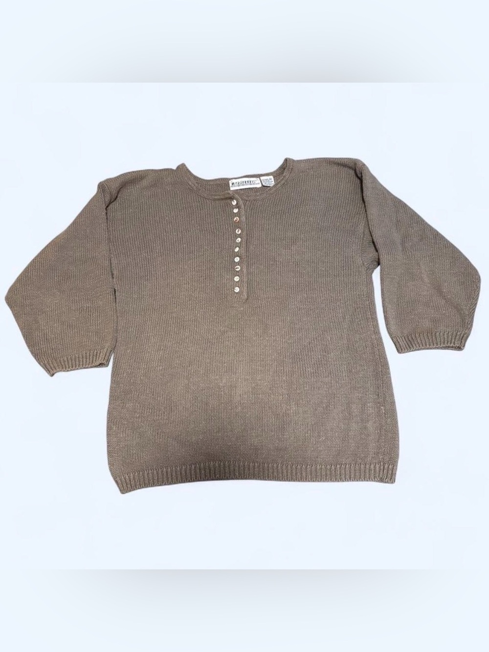 VTG 90s Illustrations Cotton Ramie Knit Sweater Sz Medium Cottagecore Gray Green
